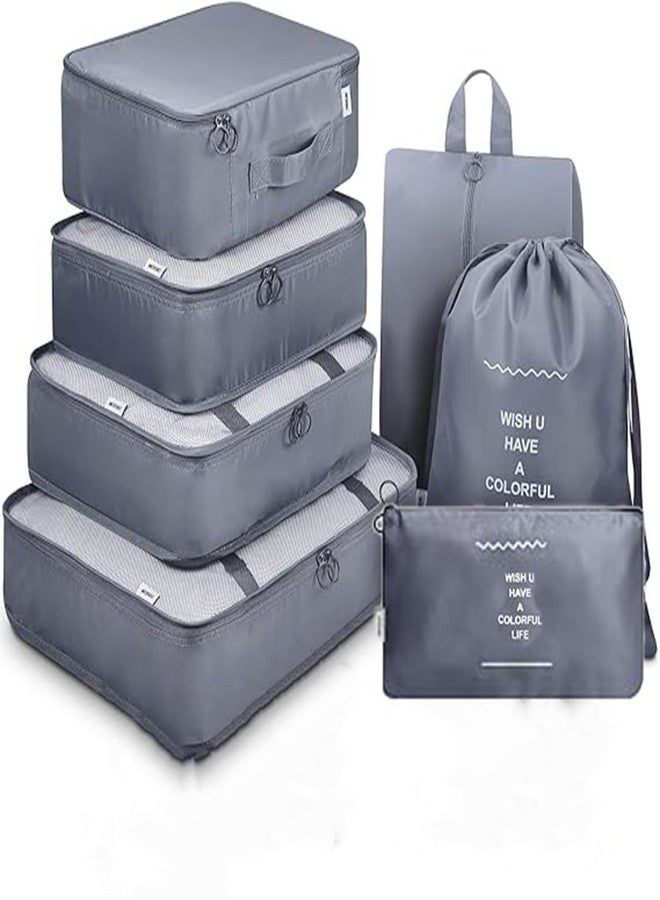 Calpix 7 in 1 Travel Organizer Bag Set Grey Nylon Packing Cubes Luggage Makeup Toiletry Shoe Laundry Bag Compression Mesh Lightweight - Image 1